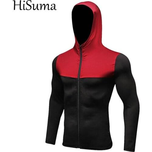 HISUMA Spring Autumn Men Compression Quick Dry Shirt Zipper Hooded T-Shirt Casual Skinny Fitness Sweatshirt Pachwork Tops Tees