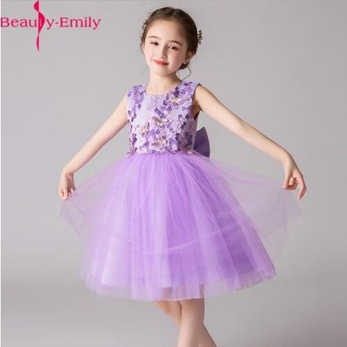 Beauty Emily Charming O Neck Flower Girl Dresses for Wedding Fashion Appliques Blue Purple Comunion Dress with Bow
