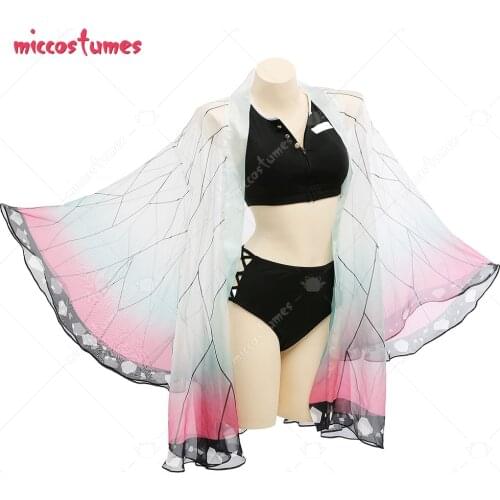 Haikyuu Kimetsu no Yaiba Kochou Shinobu Splitted Swimsuit Anime Swimwear Bathing Suit with Strapped Butterfly-Printed Yarn Coat