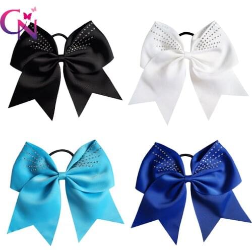 20 Pcs/lot 7.5" High Quality Handmade Large Solid Ribbon Rhinestone Cheer Bow With Elastic Hair Band For Girls Kids Headwear