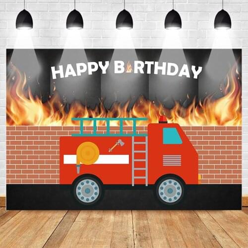 Mehofoto Happy Birthday Photography Backdrop Fire Truck Extinguishing Theme Party Photo Background for Children Birthday Party
