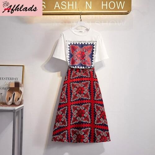 2020 Summer New Korean Print Short-Sleeved Cotton Round Neck T-Shirt Top + High Waist Skirt Fashion Casual Two-Piece Suit