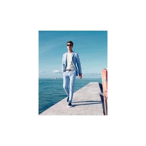 2017 New Arrival Design Light Blue Casual Men Suit Slim Fit 2 Piece Tuxedo Prom Suits Custom Groom Blazer Masculino Jacket+Pant