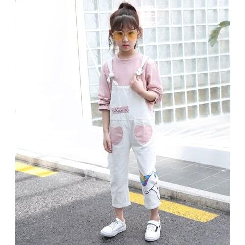 Girls suit autumn new cartoon bib + long-sleeved T-shirt 3-12 years baby girl clothes