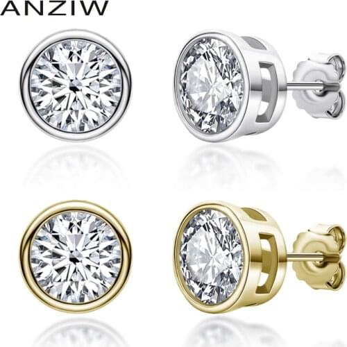 ANZIW Silver 925 Moissanite Earrings Diamond Round Cut Bezel Setting Stud Earrings Silver 5/6.5mm Solitiare Women Earring Gift