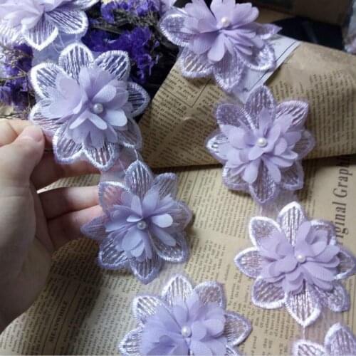 2yard Puple Rose Flower Pearl Chiffon Embroidered Lace Trim Ribbon Fabric Sewing Craft Patchwork Handmade DIY for Costume Decor