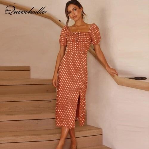 Chic Polka Dot Elegant Dress Women Orange Sexy Split High Waist Boho Maxi Dress Short Sleeve Office Lady Dresses Summer 2021 New