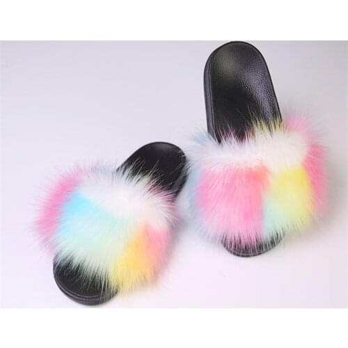 2020 New Women Fur Slides with bag Summer Shoes Home Woman Luxury Furry Slippers Indoor Female Sandals Fluffy Cute Raccoon 33-45