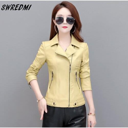SWREDMI Spring Jacket Leather Women Turn-Down Collar Zipper Motorcycle Leather Coat Plus Size M-5XL Autumn Casual Clothing
