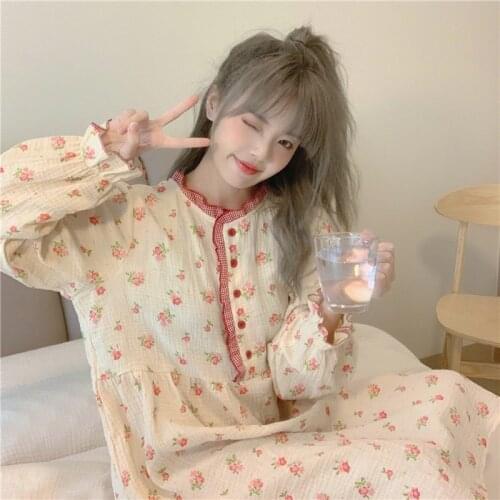 Floral Print Spring Nightgown Sweet Cotton Korean Sleepwear Loose Long Sleeve Sleep Dress O-Neck Home Clothes Homewear
