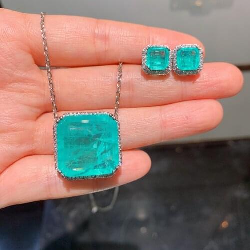 QTT Vintage 925 Sterling Silver Set Paraiba Tourmaline Gesmtone Square Pendant Necklace Earrings Sets Fine Jewelry Set for Women