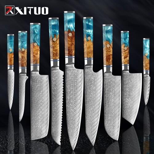 XITUO 9 PCS Kitchen Knives Set High Carbon Japanese VG10 Damascus Steel Chef Santoku Bread Utility Boning Knife Octagonal Handle