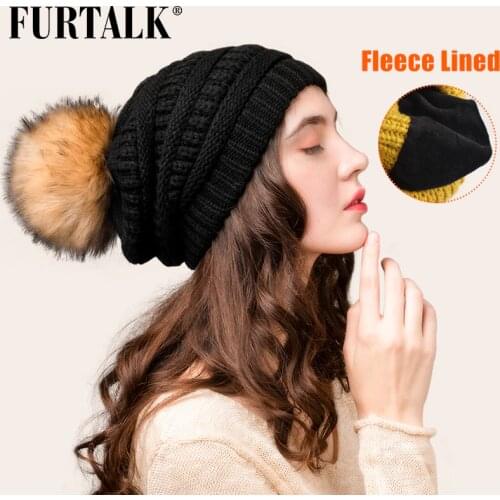 FURTALK Winter Beanie Hat for Women Knitted pompom Hat Velvet Lining slouchy beanie Skullies bonnet Cap Female Korean Red Cap
