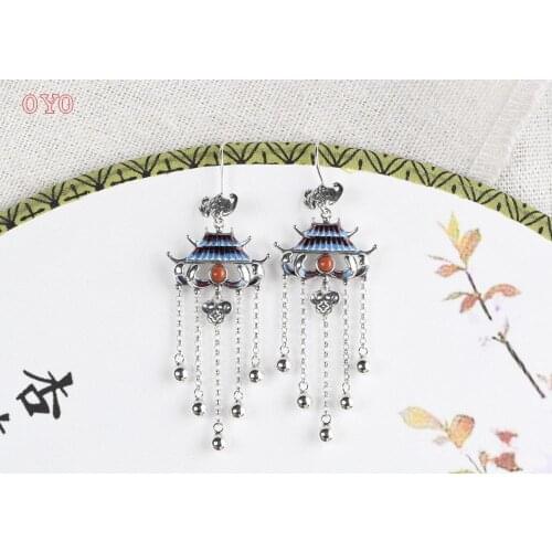 S925 silver burnt blue retro ancient architecture Chinese style earrings female fashion bat silver chain tassel earrings