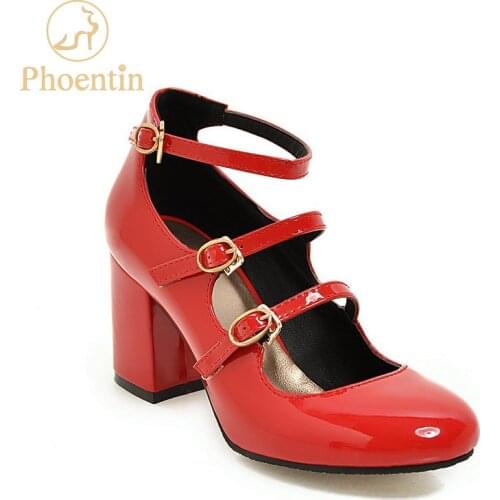 Phoentin 2019 red mary jane shoes woman narrow band buckle strap high heels patent leather round toe pumps pink plus size FT730