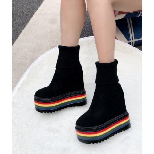 High Quality Womens Autumn Shoes Wedge Suede Elasticated Platform Ankle Boots Casual Shoes With Black Punk