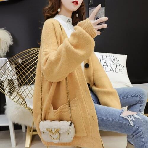 Fall 2021 Women Kawaii Cardigan V-Neck Acrylic Casual Single Breasted Black Cardigans korean fashion Button Full Knit blouses
