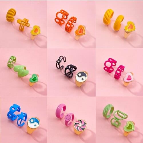 Vintage Gold Heart Rings Set for Women Fashion Pink Green Colorful Color Resin Flowers Love Heart Ring Wholesale Y2k Jewelry