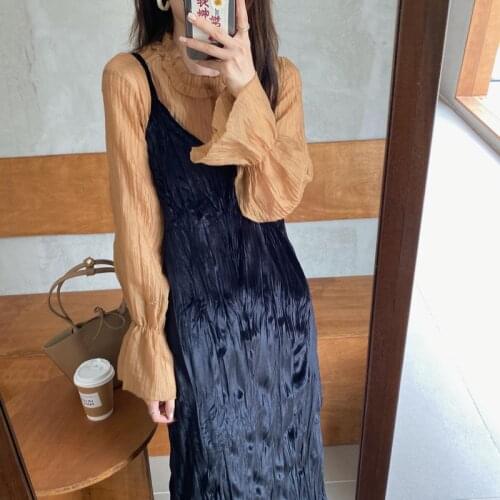 Women Summer Spaghetti Strap Long Pleat V Neck Dress Velvet Loose Split Camisole Sundress Tank