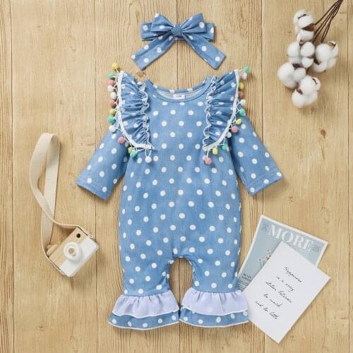 2Pcs Baby Girls Clothes Dot Print Romper Plush Ball Lace Long Sleeve Round Collar Flared Jumpsuit + Headwear Autumn Outfit