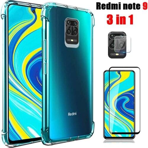3 in1capa,glass+airbag case for xiaomi redmi note 9 soft clear anti-shock phone cases for redmi note 9s 8t 8 pro back cover