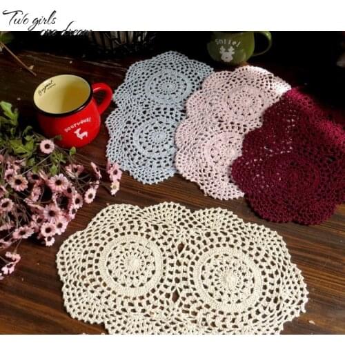 6PCS/LOT Hand Crochet Hook Oval Placemat Chinese Nostalgia Retro Hollow Woven Decorative Lace Mat Flower Shooting Props 20*30CM