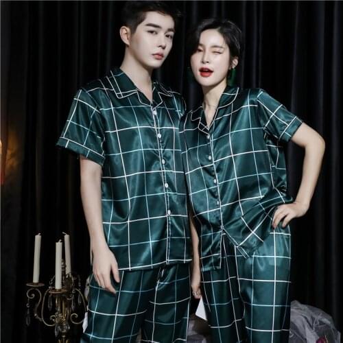 CAIYIER Luxury Grid Silk Satin Couple Pajamas Set Short Sleeve Trousers Sleepwear Men & Women Sexy Lovers Sexy Nightwear M-5XL
