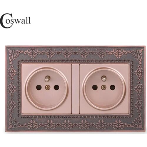 Coswall 16A French Standard Double Power Socket Embossing Retro Zinc Alloy Metal Panel Wall Electrical Outlet Gold Color