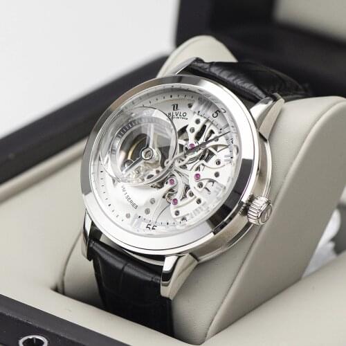 OBLVLO Designer Skeleton Men Mechanical Watches Black Steel Automatic Watches Genuine Leather Top Brand Luxury Male Watch