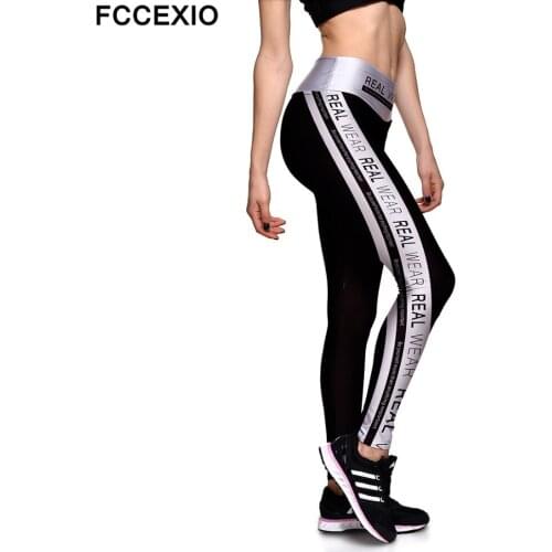FCCEXIO High Stretchy Sport Pants High Waist Wear Real Letter Printed Leggins Push Up Women Gym Fitness Leggings брюки женские