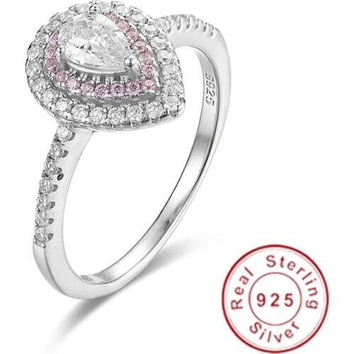 Brand jewelry 925 Sterling Silver ring Drop-cut 2ct sona Diamond Pave setting Pink CZ 1 Surround Wedding Rings For Women Sz 5-10