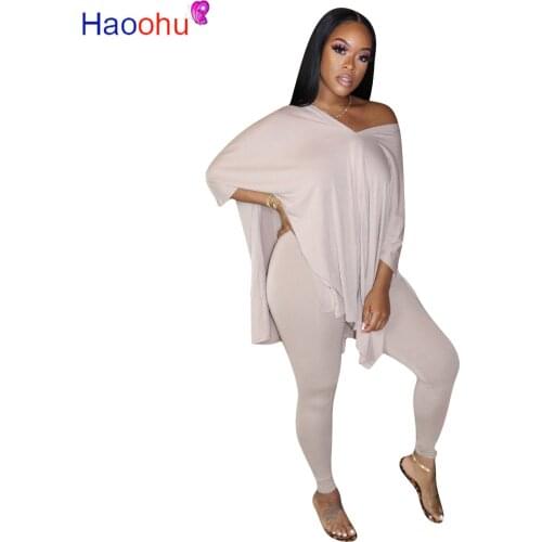 HAOOHU Women Sport Two Piece Set V-neck Side Split T-shirt Leggings Pants Jogger Sweatpants Suit Tracksuit Matching Set Outfits