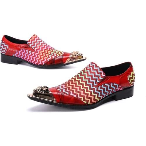 Italiano Vintage Top Quality Real Leather Mens Dress Shoes Wedding Metal Head Stripe Designer Shoes For Men Luxury Sapato Social