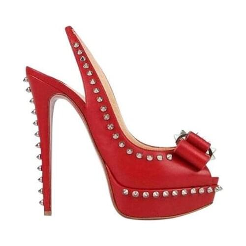 Metal Rivets Studs Bowtie High Heels Peep Toe Platform Pumps Stiletto Heels Woman Red Patent Leather Slingback Party Shoes