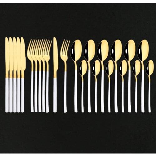 24Pcs White Gold Dinnerware Set Stainless Steel Cutlery Knives Forks Tea Spoon Tableware Flatware Party Kitchen Silverware Set