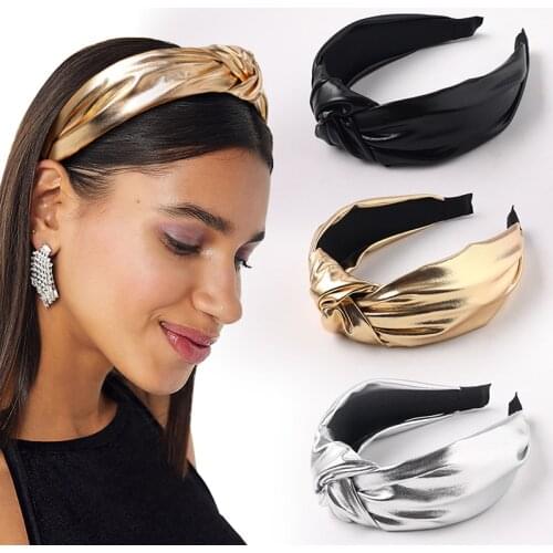 Fashion Pu Leather Headband Middle Knotted Wide Bezel Hair Band Bright Color For Hair Head Hoop Pure Color Headband Headwear