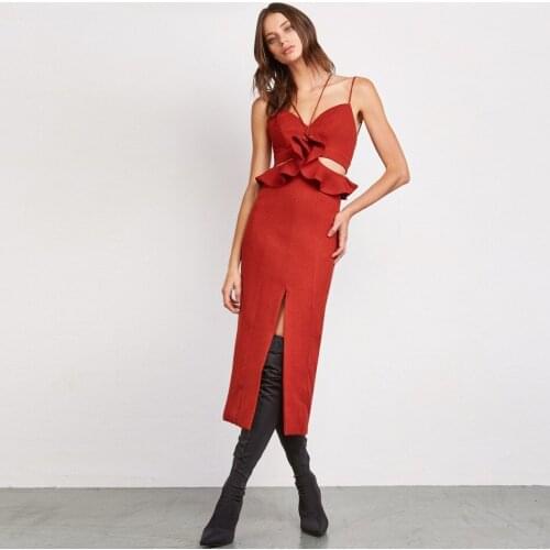 Hot Sexy V Neck Ruflle Cut Out Thigh Front Slit Double Spaghetti Strap Sleeveless Bandage Red Sheath Club Midi Dress