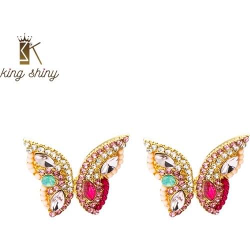 King Shiny Temperament Multi Color Crystal Butterfly Stud Earrings Elegant Sparkly Rhinestone Statement Earring Girl Ear Jewelry