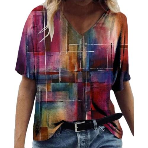 Vintage Summer T-shirt Women Casual Plus Size Tee Top Geometry Printed Short Sleeve V-Neck Harajuku T-shirts Футболки Оверсайс
