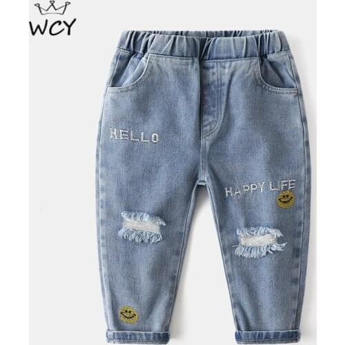 2021 Four Season Unisex Kids Jeans Fashion Streetwear Hole Ripped Letter Embroidered Smiley Denim Blue Pants 2 3 4 5 6