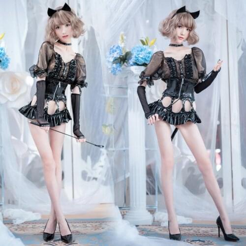 Women Sexy Cute Cat Cosplay Uniform with Headdress Halloween Costumes for Women Sweet Cat Dress