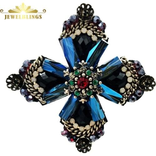 Retro Vintage Dark Blue Crystal Rhinestone Cross Style Flower Brooches Gold Tone Faceted Four Petal Flower Pins for Women Suit