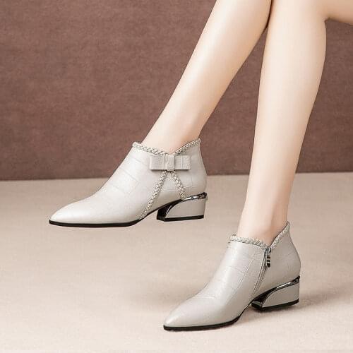 Pointed Toe Beige Square High Heel Women Boots 2020 Fashion Comfortable Ankle Boots Zipper PU Leather Womens Shoes