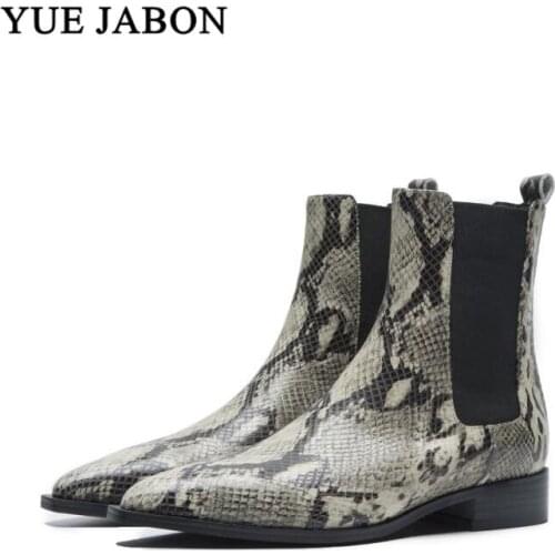 YUE JABON Women army boots Red Snake Print Ankle Boots Square heel Fashion Pointed toe Ladies Sexy shoes 2019 New Chelsea Boots