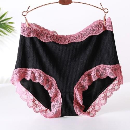 Plus Size Panties Womens Cotton Briefs Sexy Lace Jacquard Splicing Mesh Panties with High Waist Female Underwear Large Sizes