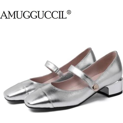 2021 New Plus Big Size 31-45 Real Genuine Leather Silver Black Fashion Mid Heel Girl Female Lady Women Shoes Pumps D1244