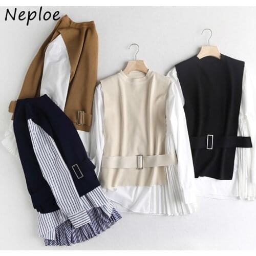 Neploe Office Lady Spring New Suit Chic Drawstring Slim Waist Knitted Vest + Solid Color O-neck Simple Women Shirts 2 Piece Set