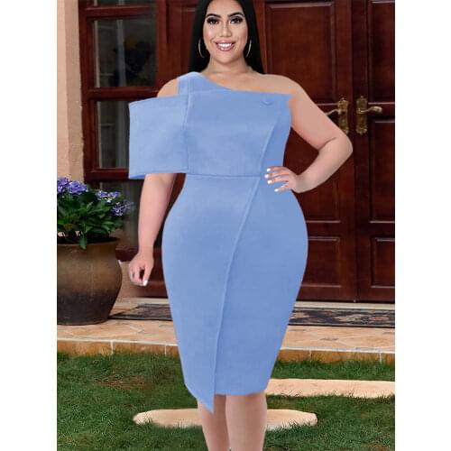 Blue Dresses Plus Size White One Shoulder Bodycon Knee Length Package Hip Dress with Open Shoulders Women Outfit Dropshipping
