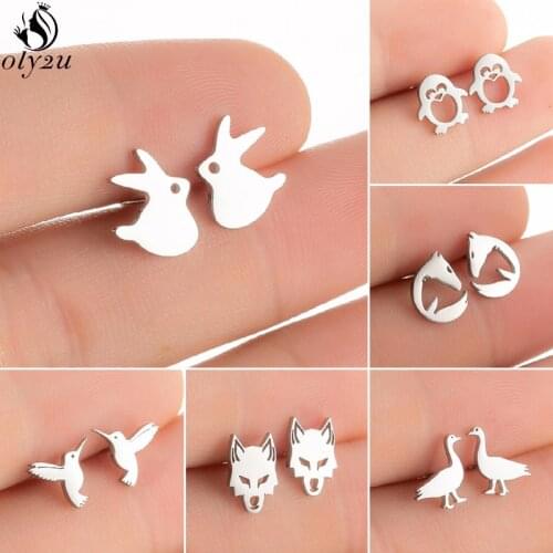 2021 Trendy Earings Jewelry Cartoon Animal Stud Earrings for Women Small Rabbit Wolf Duck Penguin Earing Kids Birthday Gifts