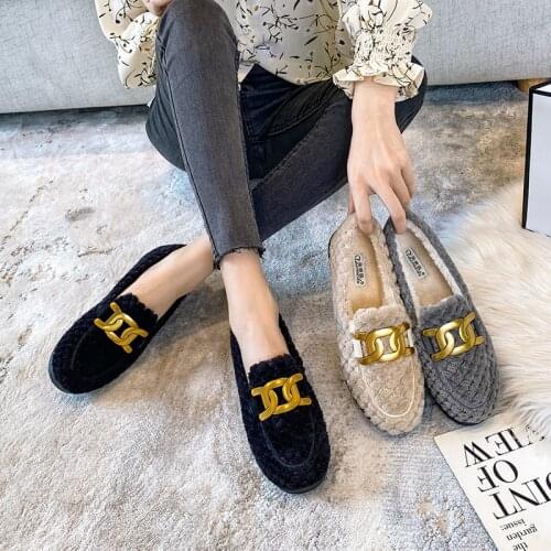 2021 Luxury Metal chain lambswool moccasins femme fleeces sneakers winter shoes women warm plush loafers woman fur flats 34-43